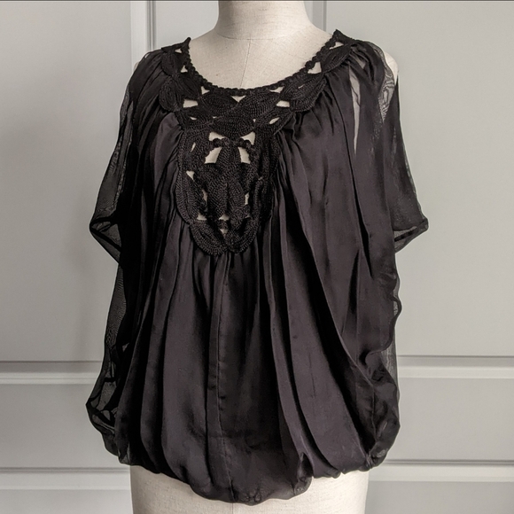 Leon Max Blouse 100% Silk Sleeveless Embroidered Sheer Overlay Lined Black L NWT - Picture 12 of 15